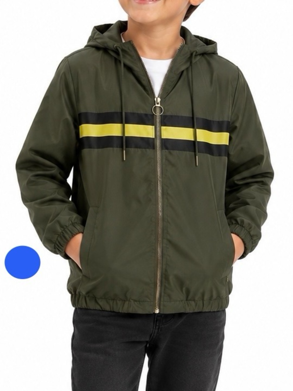 Cali 1850 Hooded Windbreaker Jacket Olive Green Stripe Kids Small